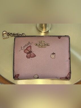 Coach Metallic Pink Butterfly Print Small Snap Wallet Leather